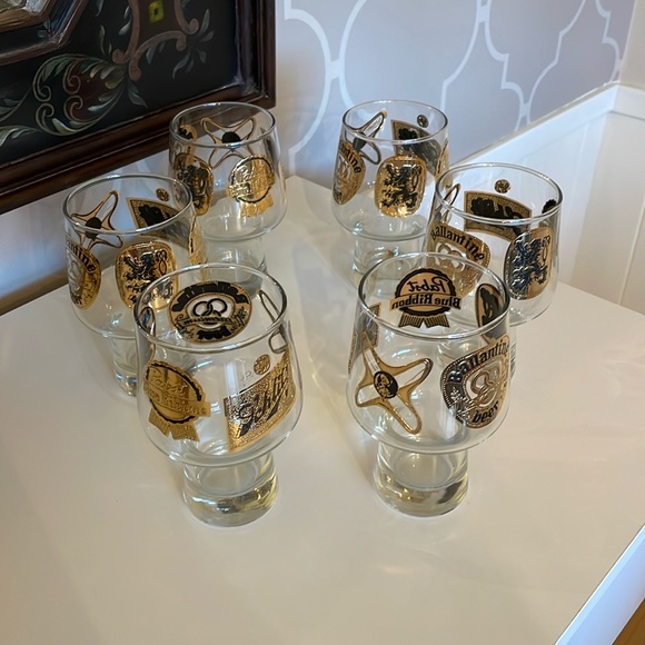 COPY - VTG Libbey Glass Gold Beer Logo Label 5 1/2” Bell Drinking Glasses. Set …